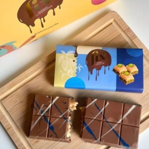 Baklawa 2 The Future chocolate bar with golden layers of pastry, nuts, and rich chocolate coating.