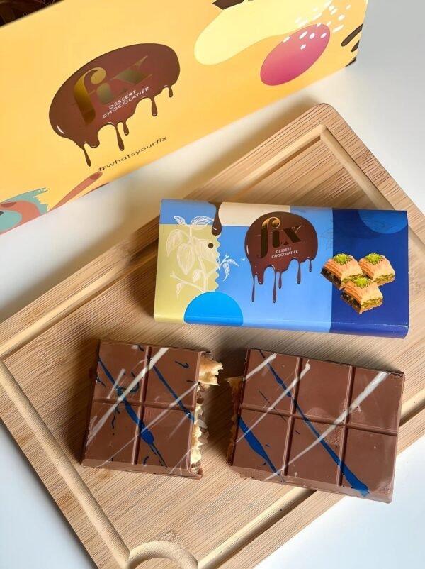 Baklawa 2 The Future chocolate bar with golden layers of pastry, nuts, and rich chocolate coating.