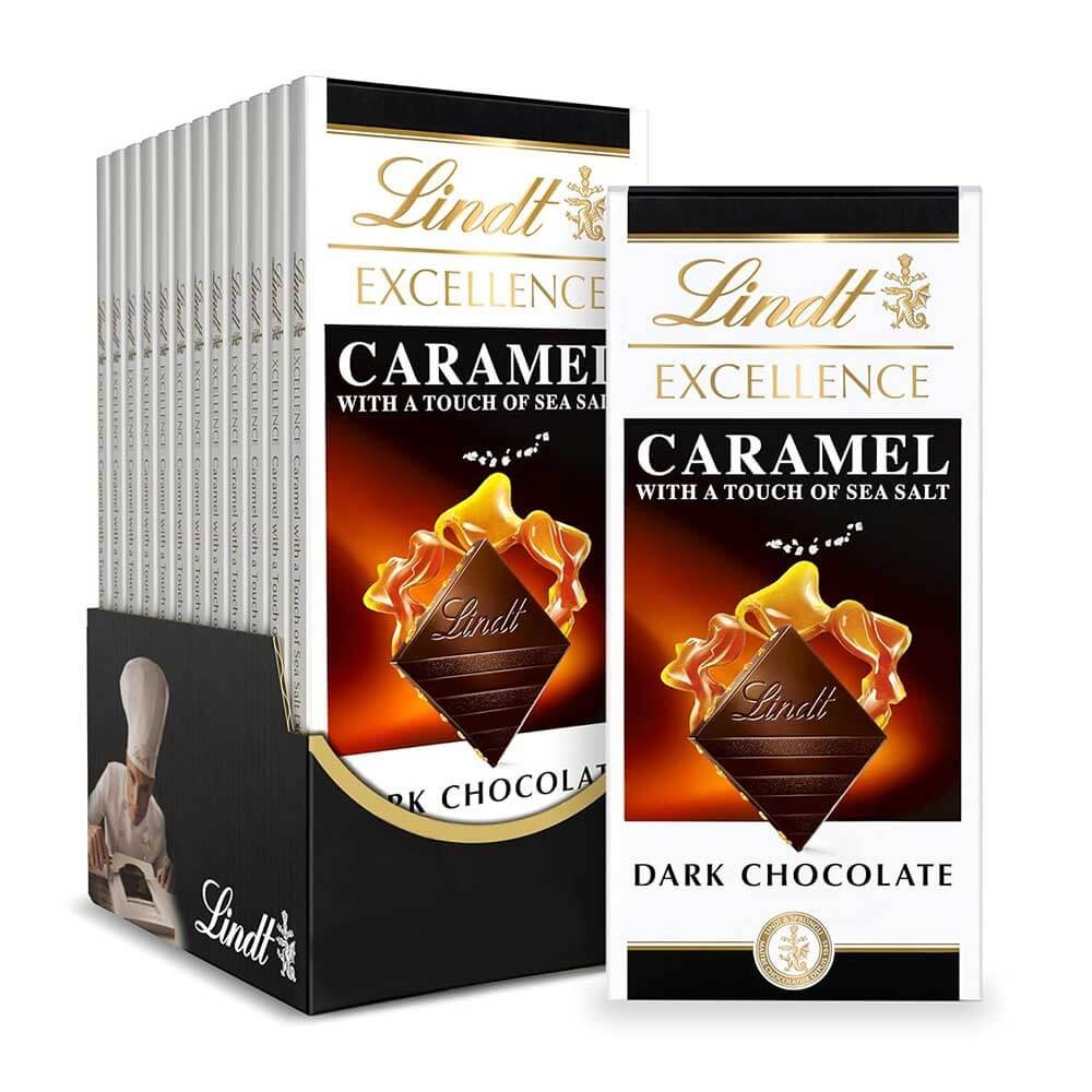 Lindt Excellence Dark Caramel and Sea Salt chocolate bar packaging.